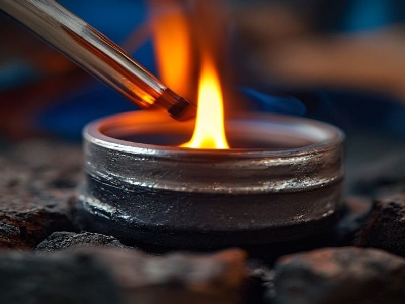 Butane torch flame melting silver solder on a soldering block at the jewellery bench