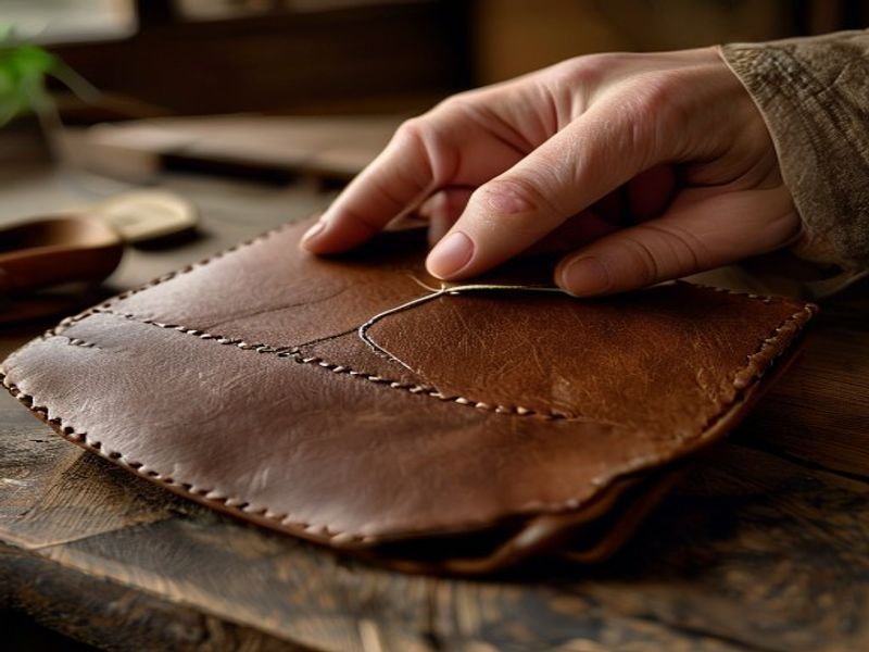 Hands hand-stitching a vegetable-tanned leather wallet with waxed thread on a wooden bench